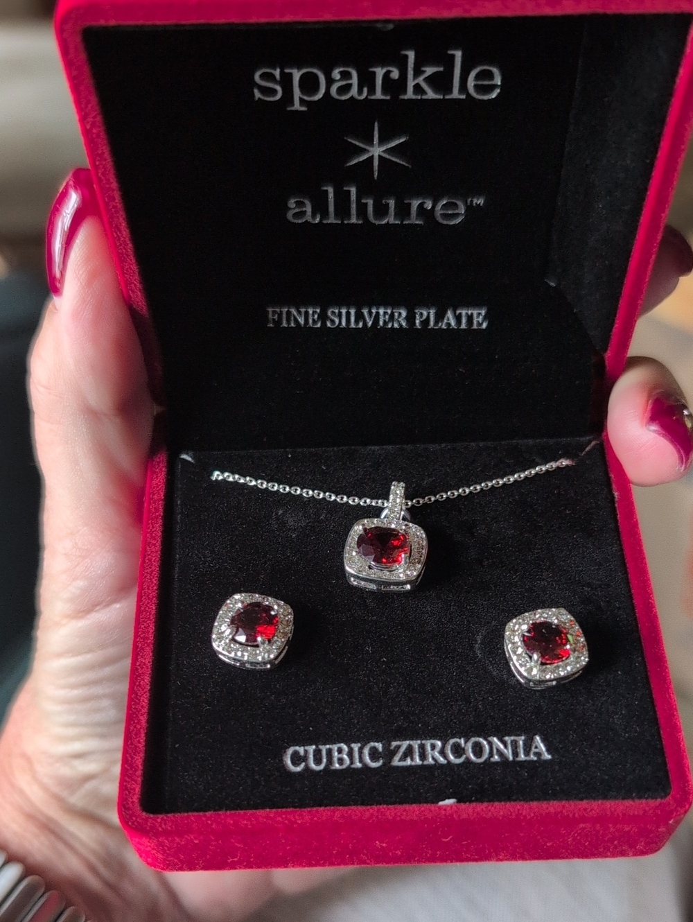 Women's Red Cubic Zirconia Pendant & Earring Set in Fine Silver Plate